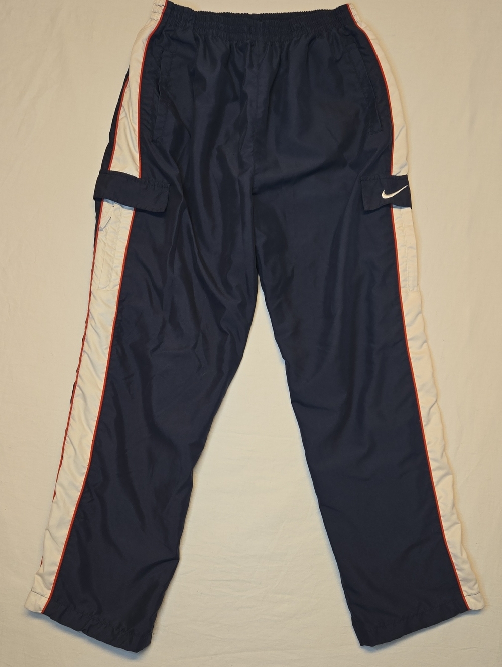 Nike Swoosh Navy Straight Leg Activewear Pants with White & Red Side Stripes 90s